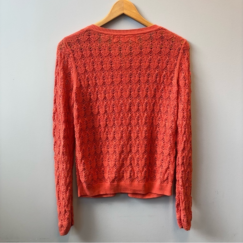 Sparrow Medium Coral Orange Cardigan Open knit crochet button front - Picture 2 of 12